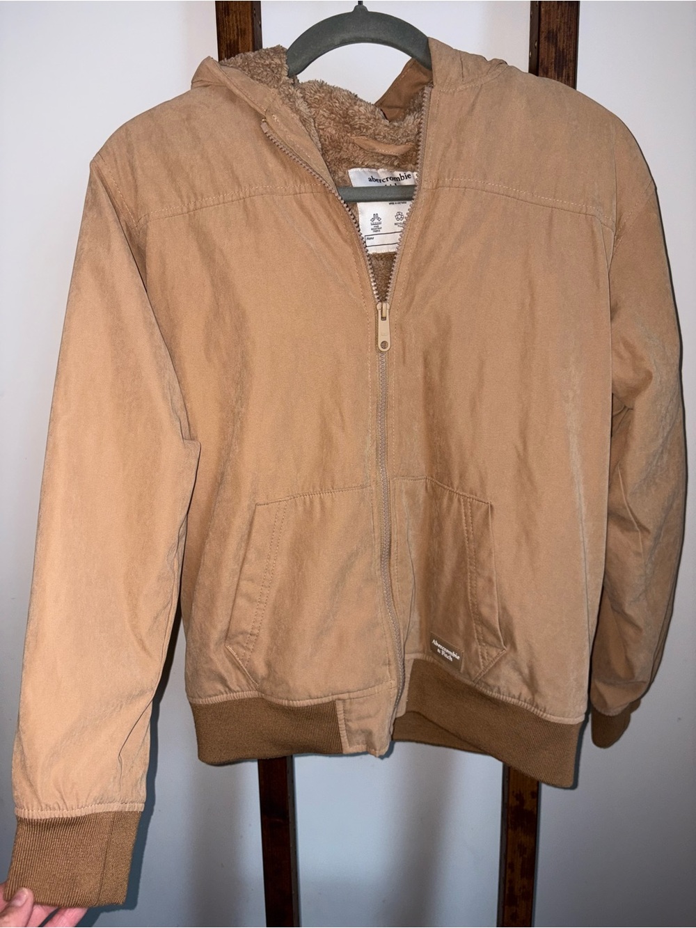 Abercrombie Kids Hooded Sherpa Puffer Coat Size 13 14 Large Bomber Jacket Tan